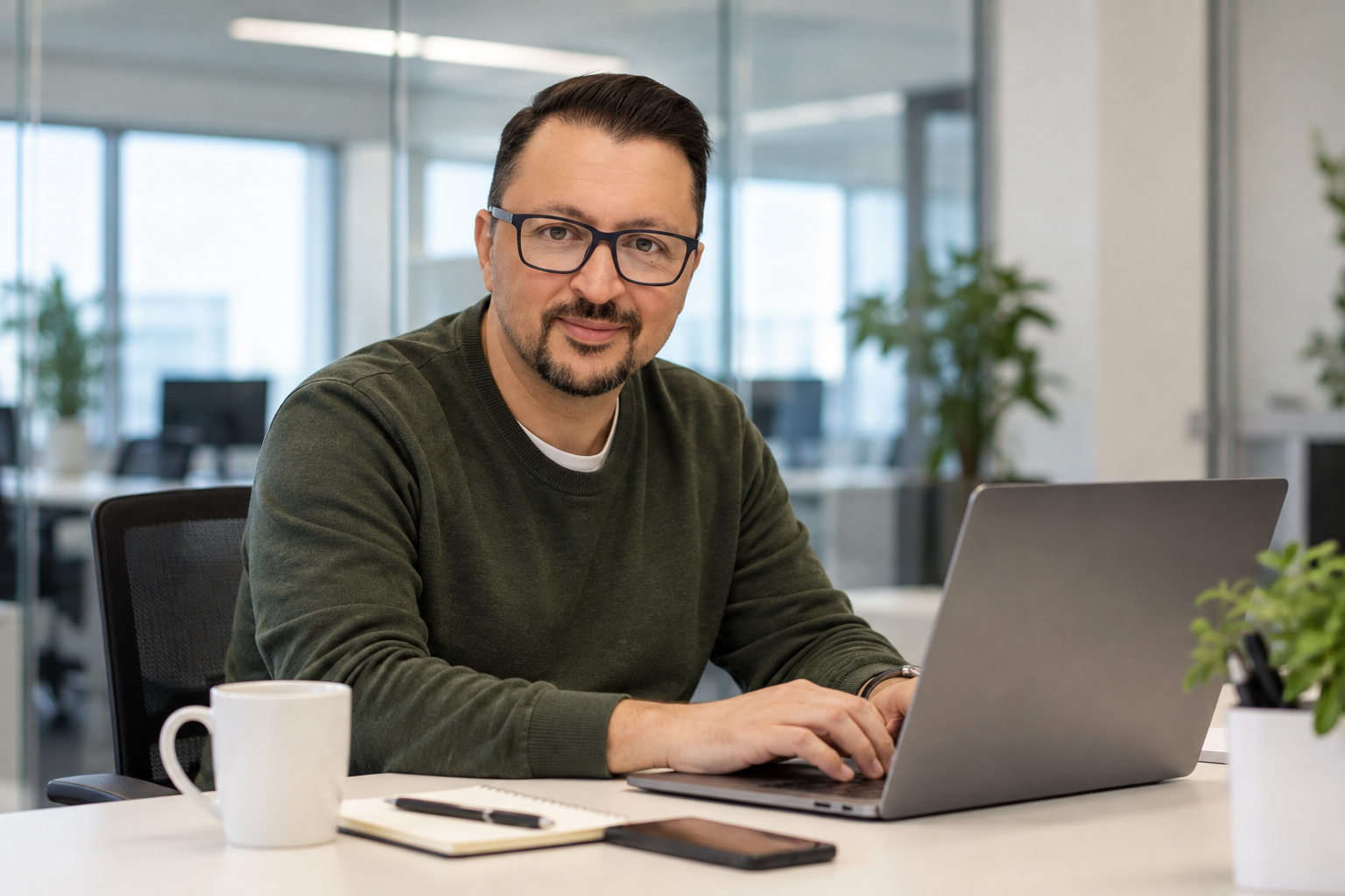 Lluís Clopés trabajando con el portátil en su despacho